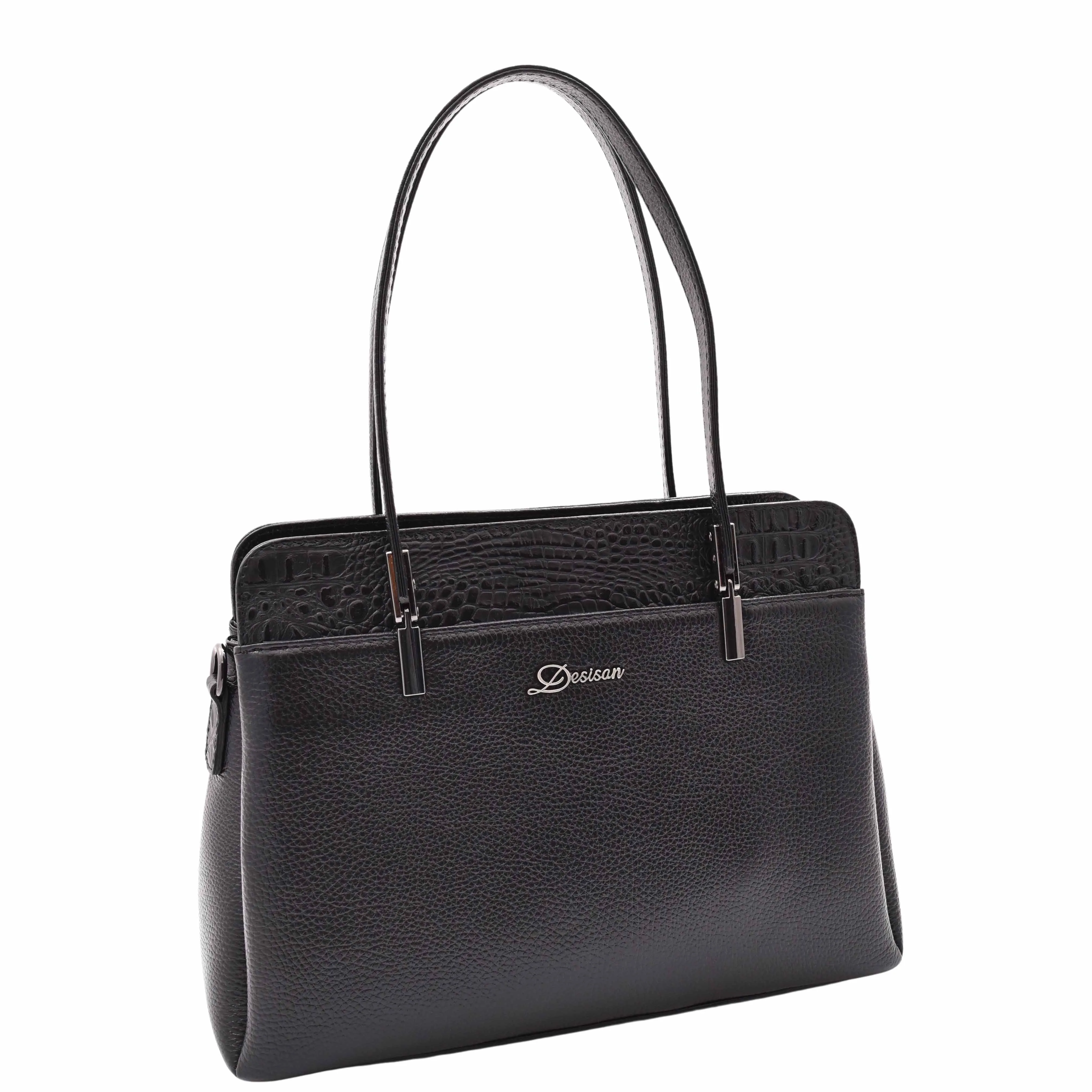 DR589 Women's Leather Medium Size Tote Zip Shoulder Bag Black