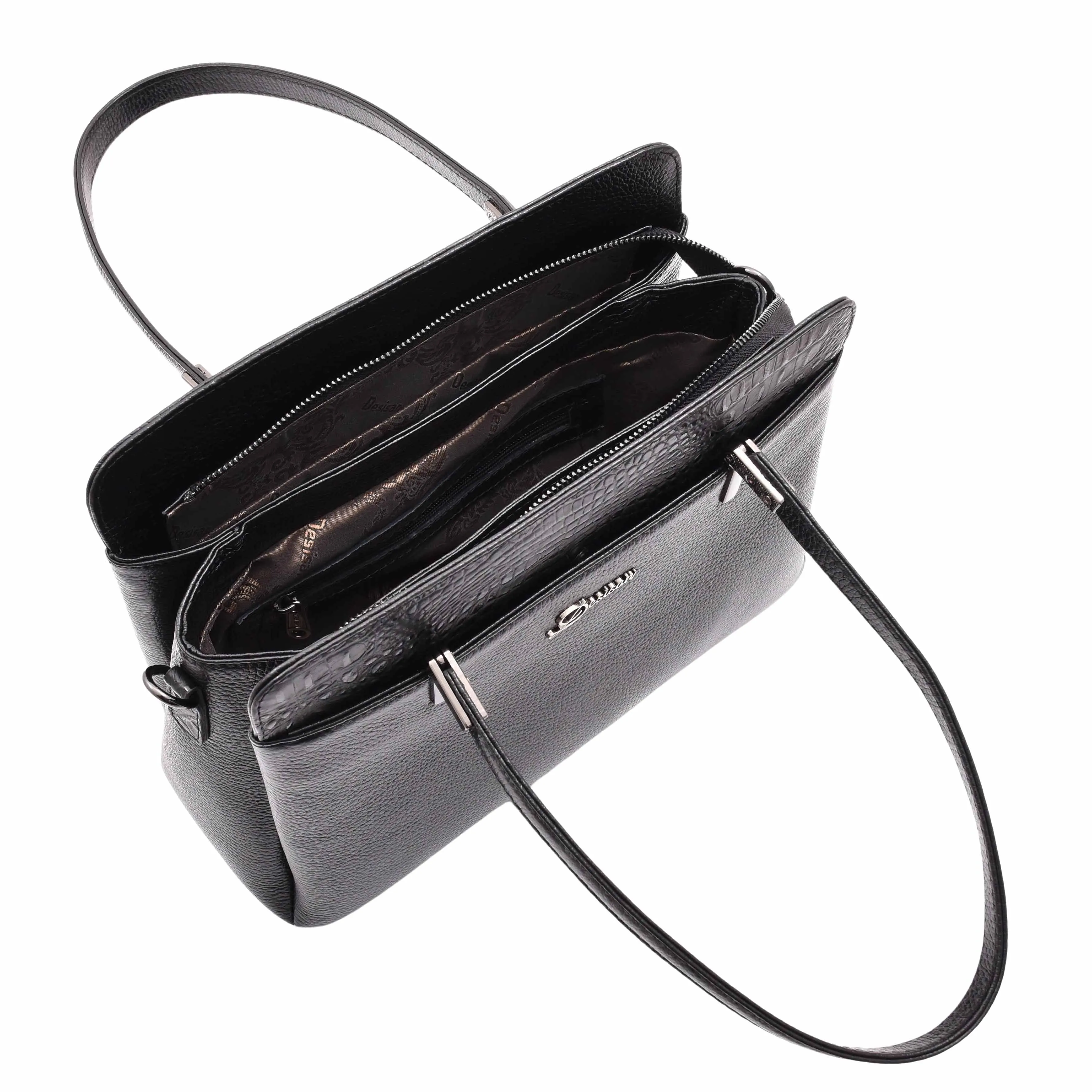 DR589 Women's Leather Medium Size Tote Zip Shoulder Bag Black