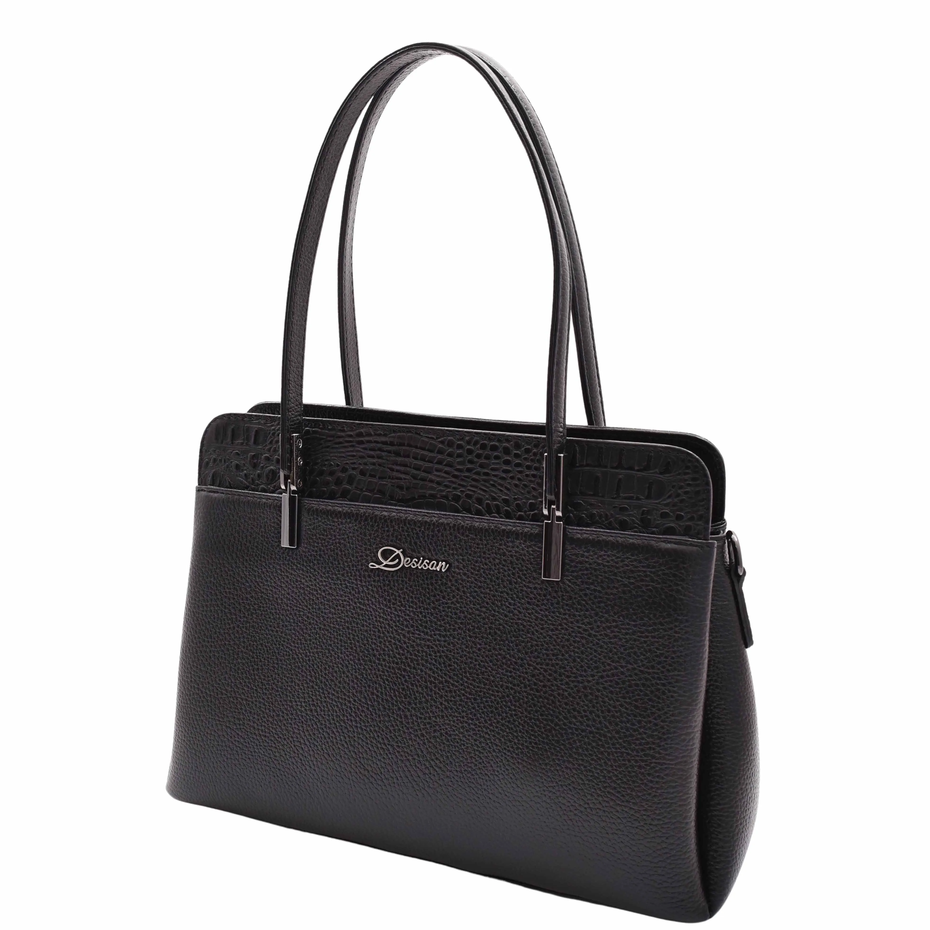 DR589 Women's Leather Medium Size Tote Zip Shoulder Bag Black