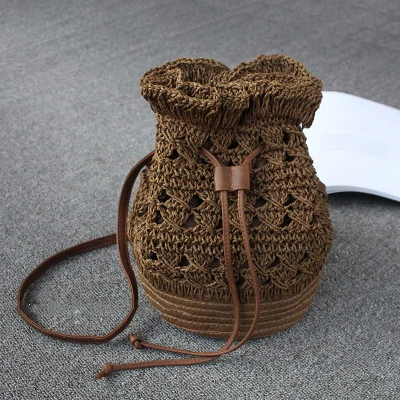 Drawstring Travel Crochet Straw Bucket Bags