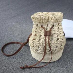 Drawstring Travel Crochet Straw Bucket Bags