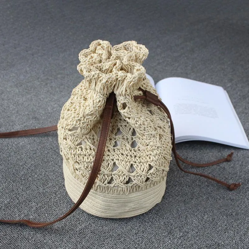 Drawstring Travel Crochet Straw Bucket Bags