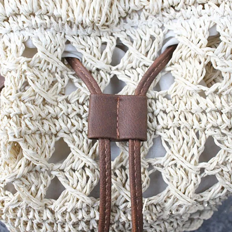 Drawstring Travel Crochet Straw Bucket Bags
