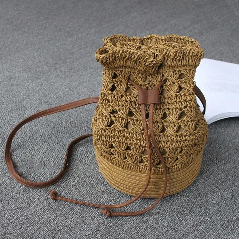 Drawstring Travel Crochet Straw Bucket Bags