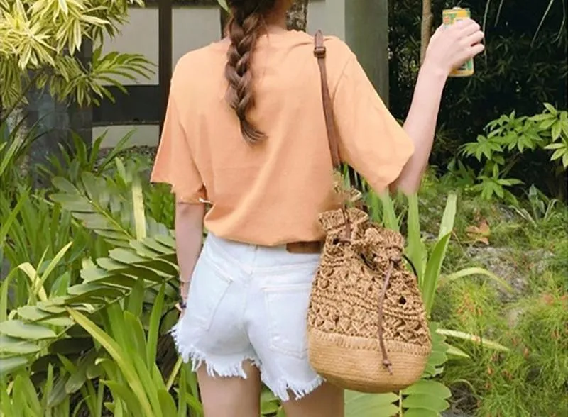 Drawstring Travel Crochet Straw Bucket Bags