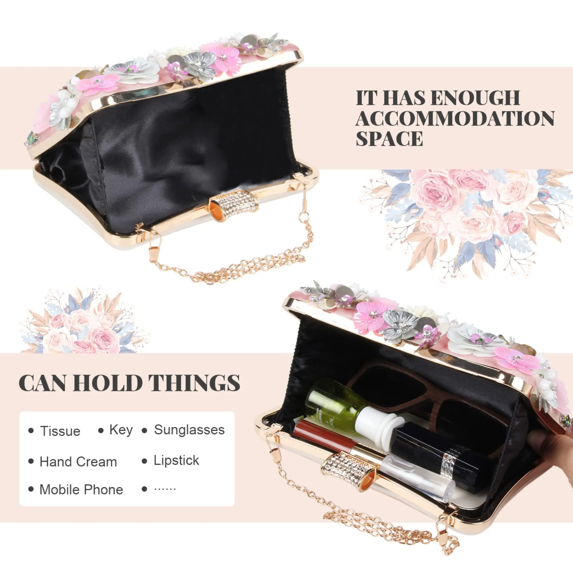 Flower clutch evening bags with colorful flowers metal rhinestones evening clutch