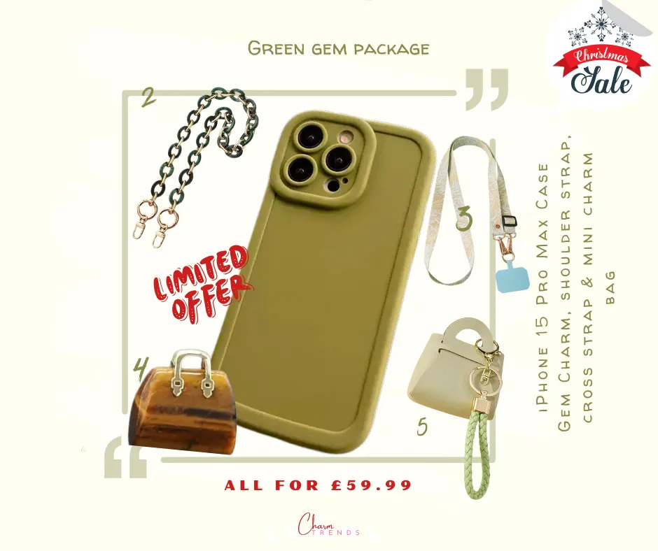 Green Gem Collection: iPhone 15 Pro Max Case , Chain Strap, Crossbody Lanyard, Mini Coin Charm Purse,  Mini Tote Bag Pendant