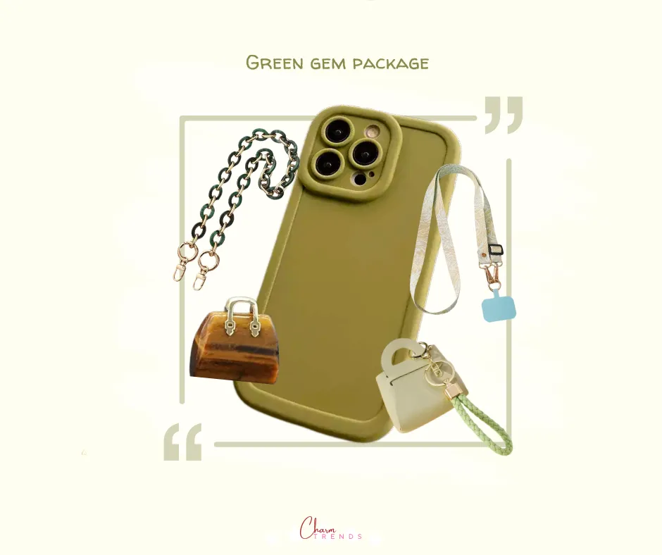 Green Gem Collection: iPhone 15 Pro Max Case , Chain Strap, Crossbody Lanyard, Mini Coin Charm Purse,  Mini Tote Bag Pendant