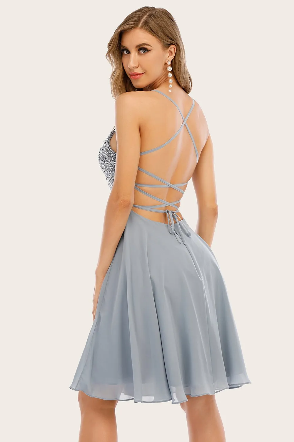 Grey Beaded Short Graduation Dress