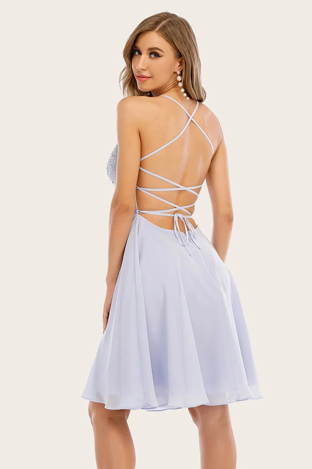 Grey Beaded Short Graduation Dress