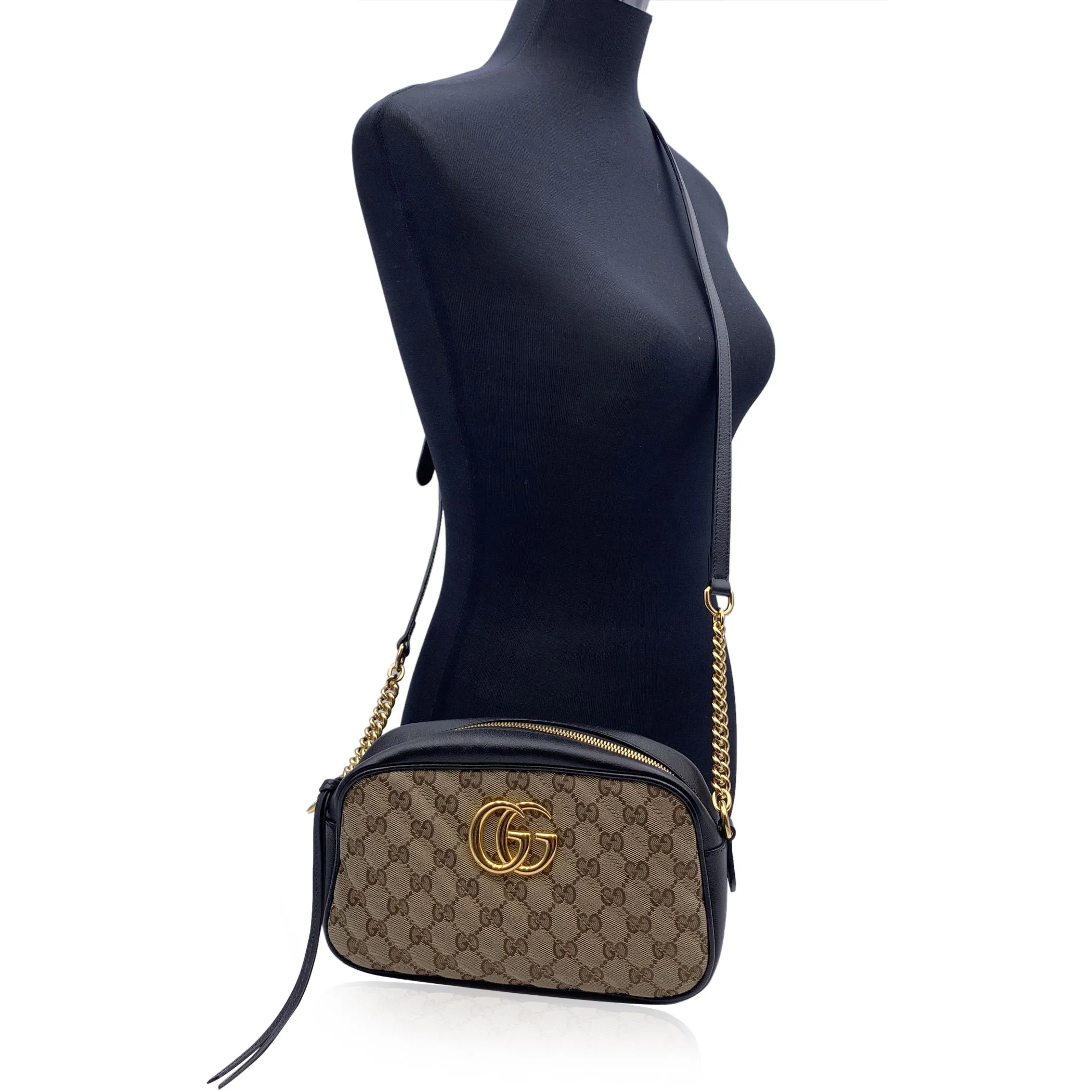 Gucci Beige Monogram Small GG Marmont Zip Around Shoulder Bag