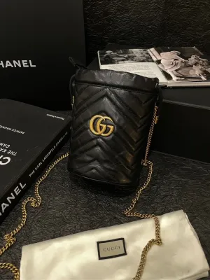 Gucci Marmont Black Gold Bucket Bag
