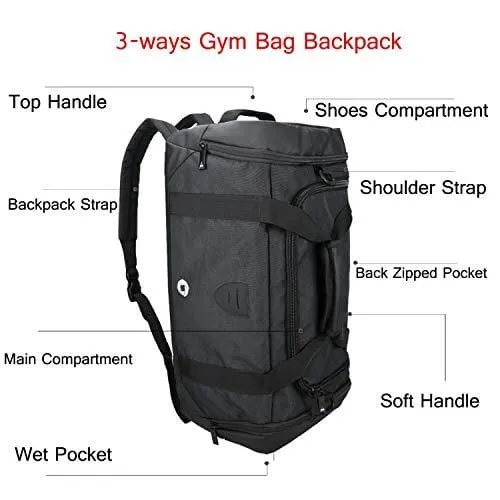 Gym Duffle Bag Backpack Waterproof Sports Duffel Bags Travel Weekender Bag for Men Women Overnight Bag with Shoes Compartment Black