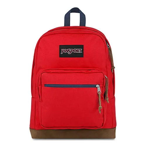 JanSport Right Pack Backpack - School, Travel, Work, or Laptop Bookbag with Leather Bottom, Red Tape