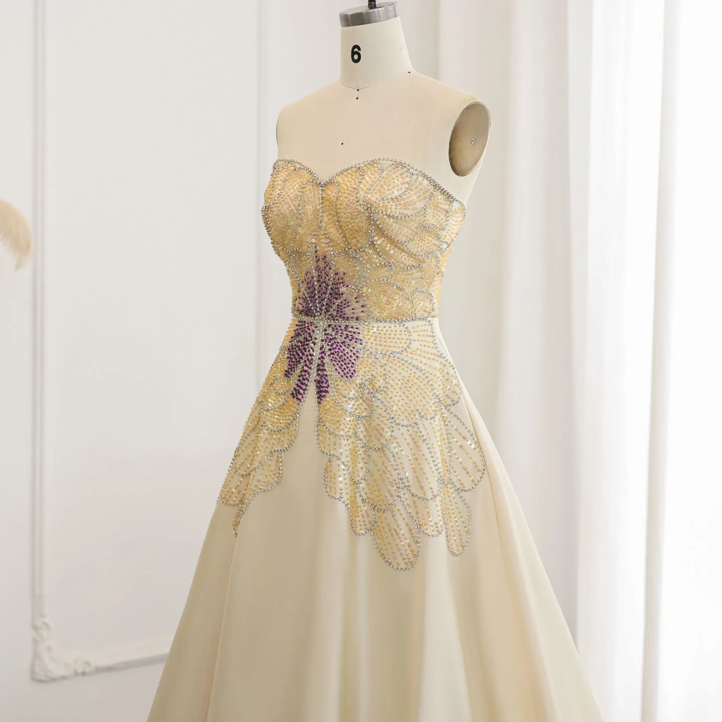 Luxury Beaded Butterfly Beige Strapless Evening Dress SS467