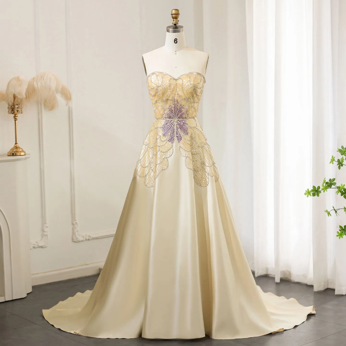 Luxury Beaded Butterfly Beige Strapless Evening Dress SS467
