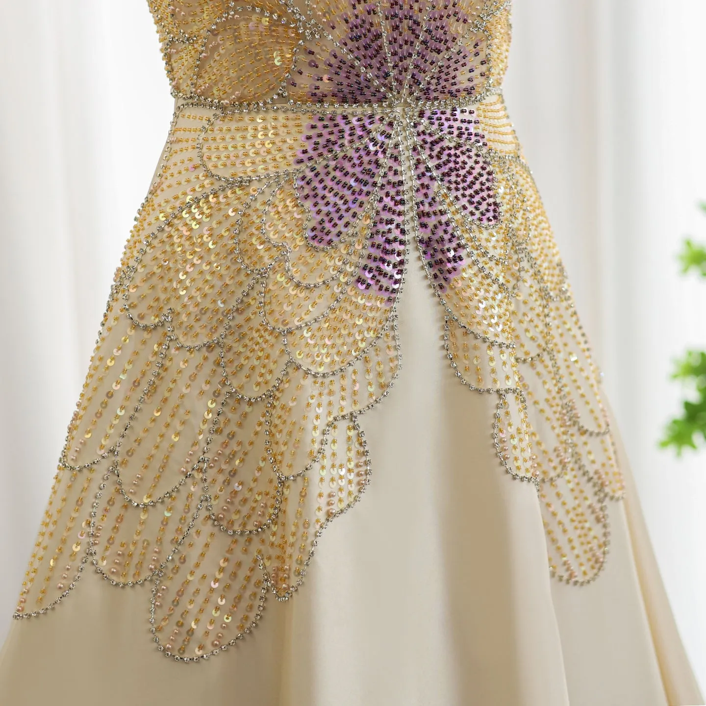 Luxury Beaded Butterfly Beige Strapless Evening Dress SS467