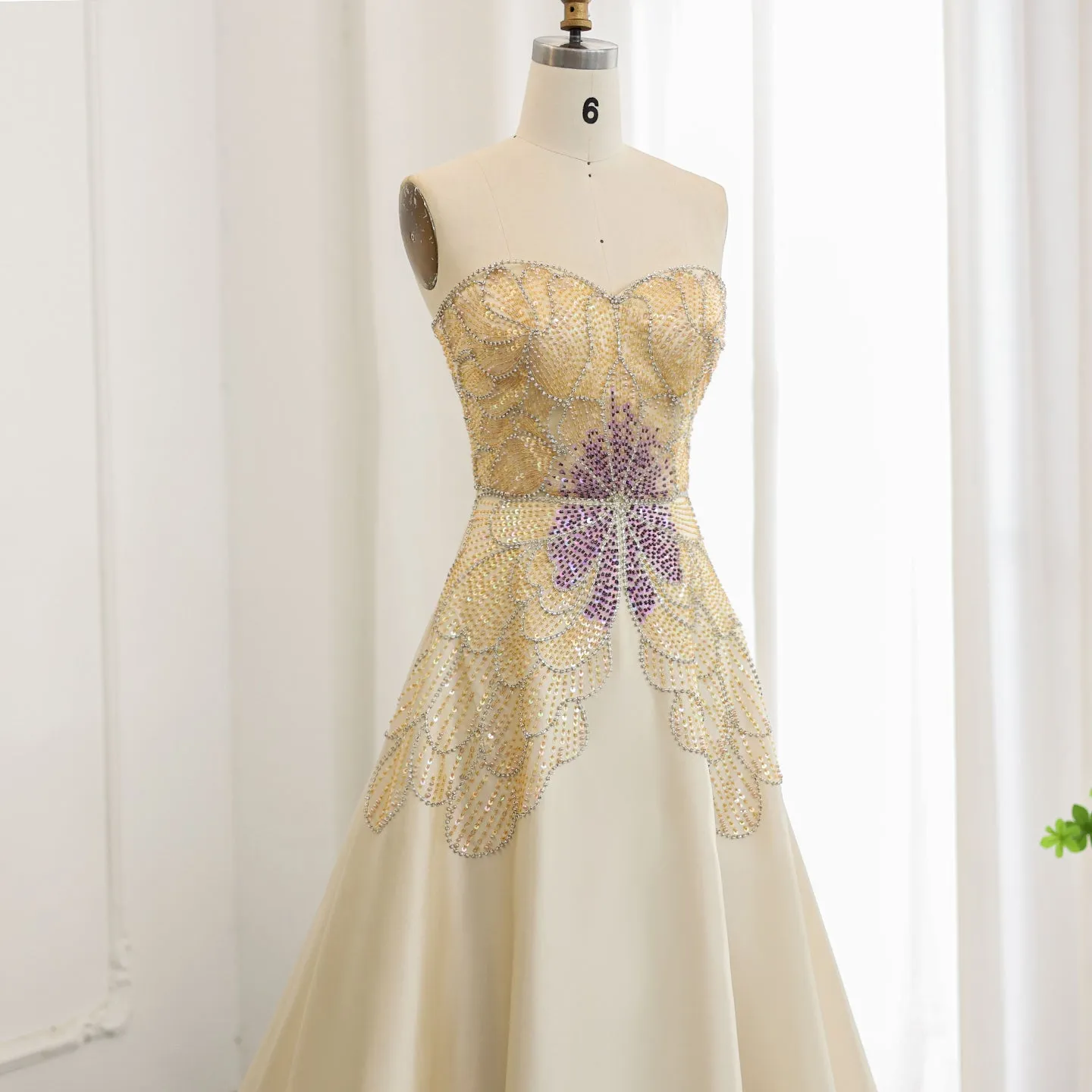 Luxury Beaded Butterfly Beige Strapless Evening Dress SS467