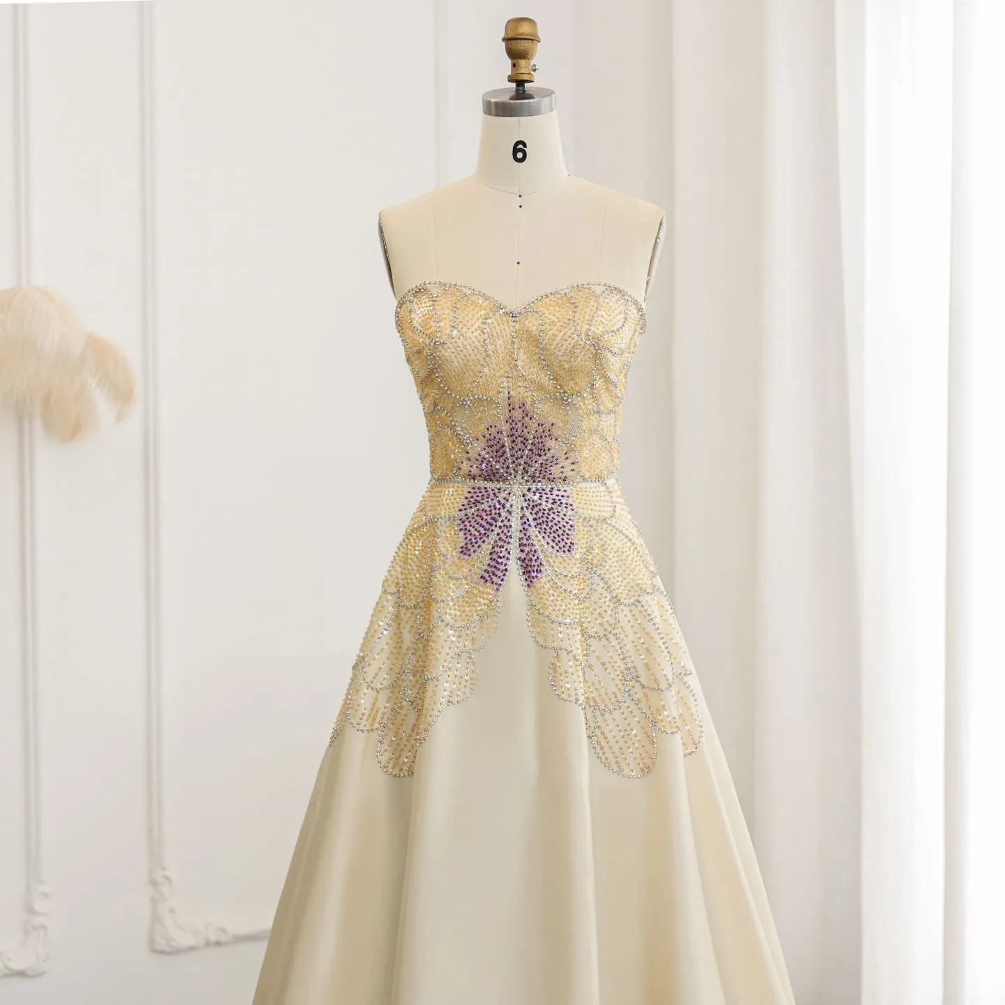 Luxury Beaded Butterfly Beige Strapless Evening Dress SS467