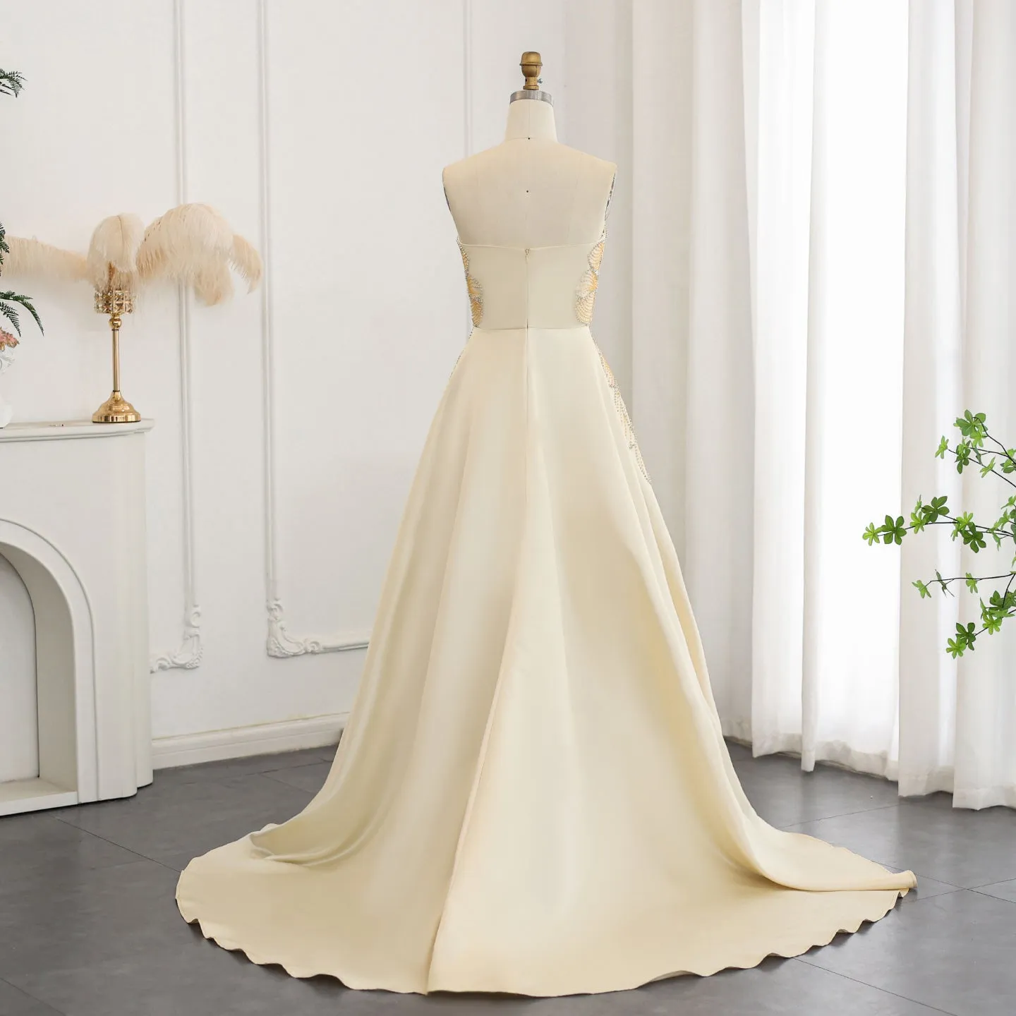 Luxury Beaded Butterfly Beige Strapless Evening Dress SS467