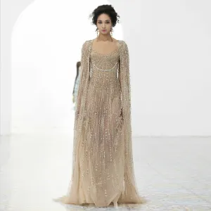 Luxury Beaded Champagne Evening Dress with Cape SS590