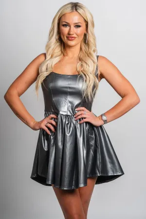 Metallic flare mini dress gunmetal