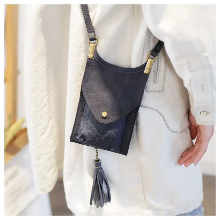 Mini Women's Leather Crossbody Phone Bag With Fringe Satchel Purse for Womens
