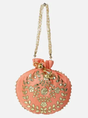 Peach zari embroidered potli for ladies