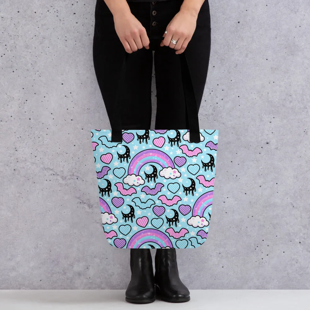 Rainbow Spooky Bats Blue Tote Bag