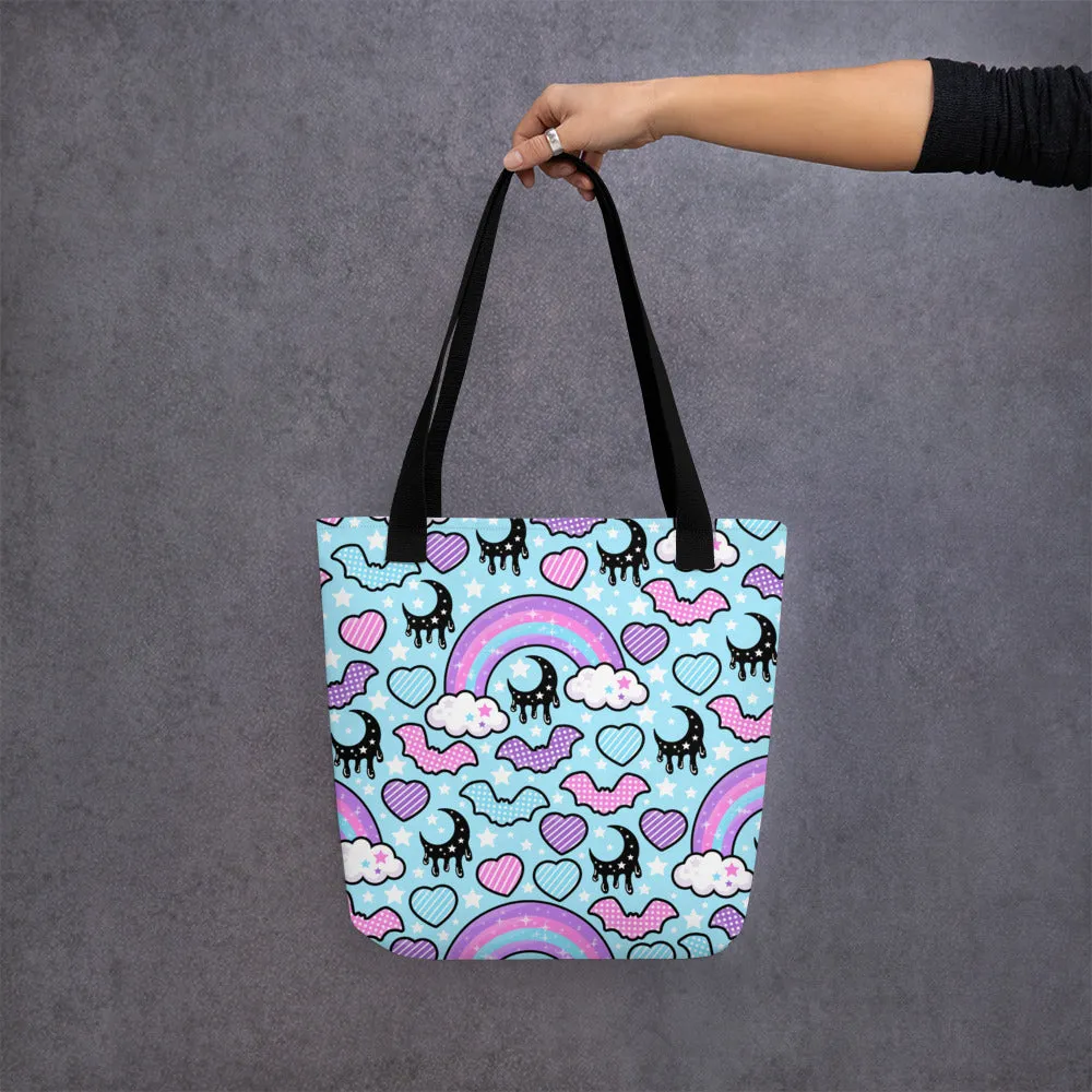 Rainbow Spooky Bats Blue Tote Bag