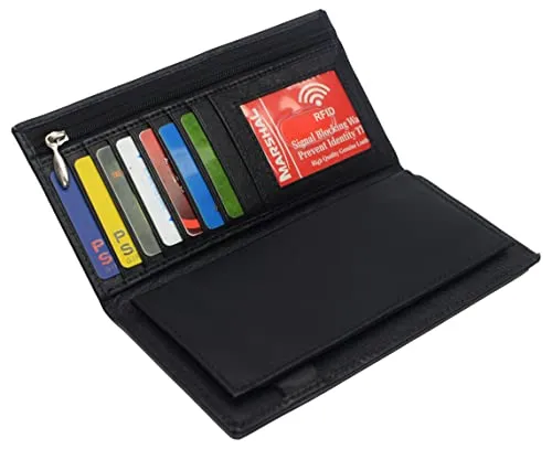 RFID Blocking Genuine Leather Long Bifold Checkbook Organizer Wallet