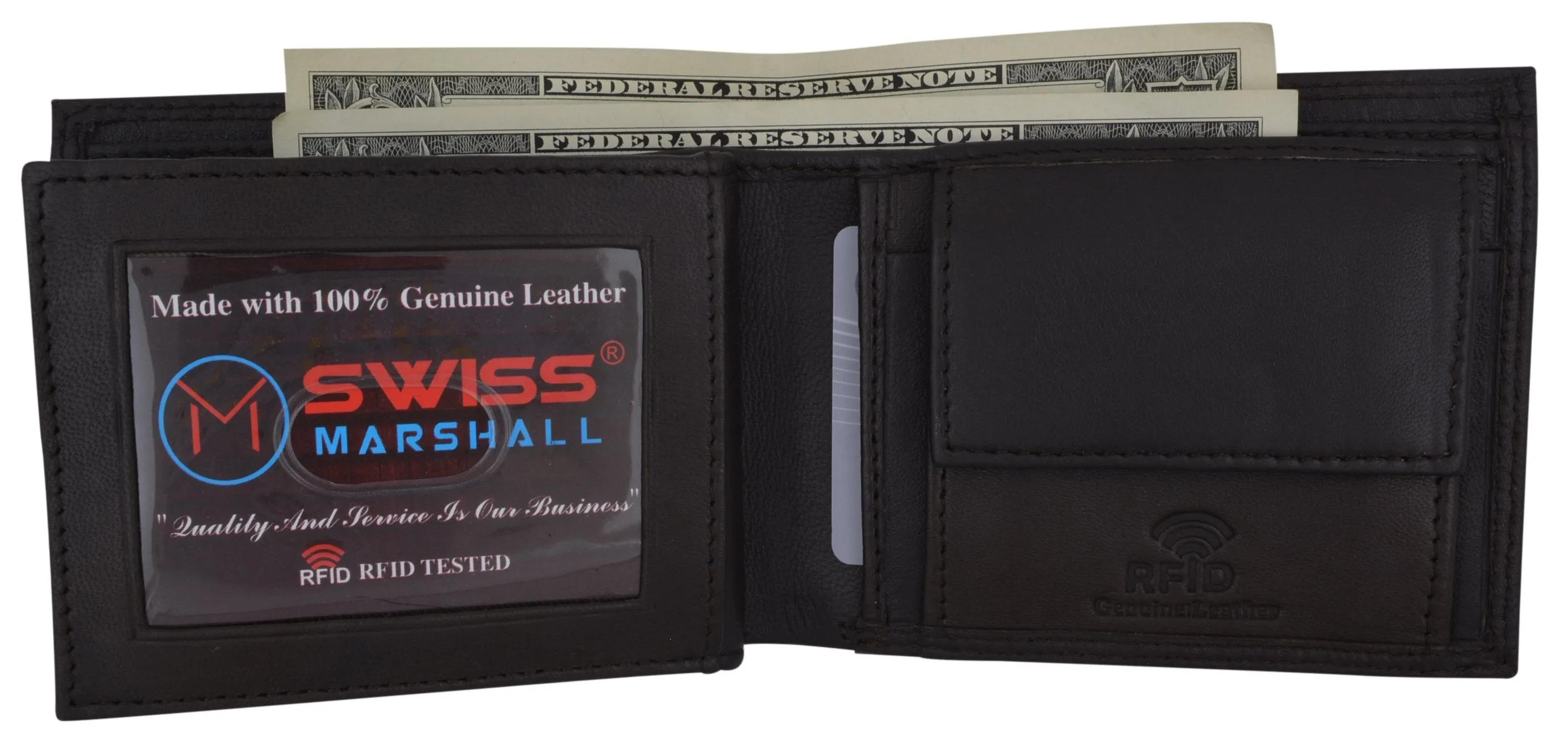 RFID Blocking Men's Bifold Premium Leather Credit Card ID Holder Wallet with Coin Pouch by Swiss Marshall RFID510059