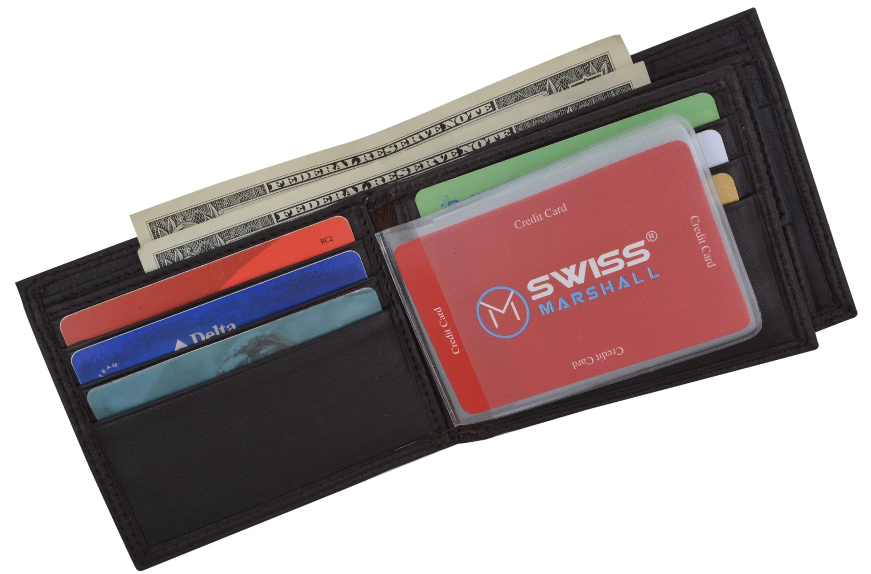 RFID Blocking Men's Bifold Premium Leather Credit Card ID Holder Wallet with Coin Pouch by Swiss Marshall RFID510059