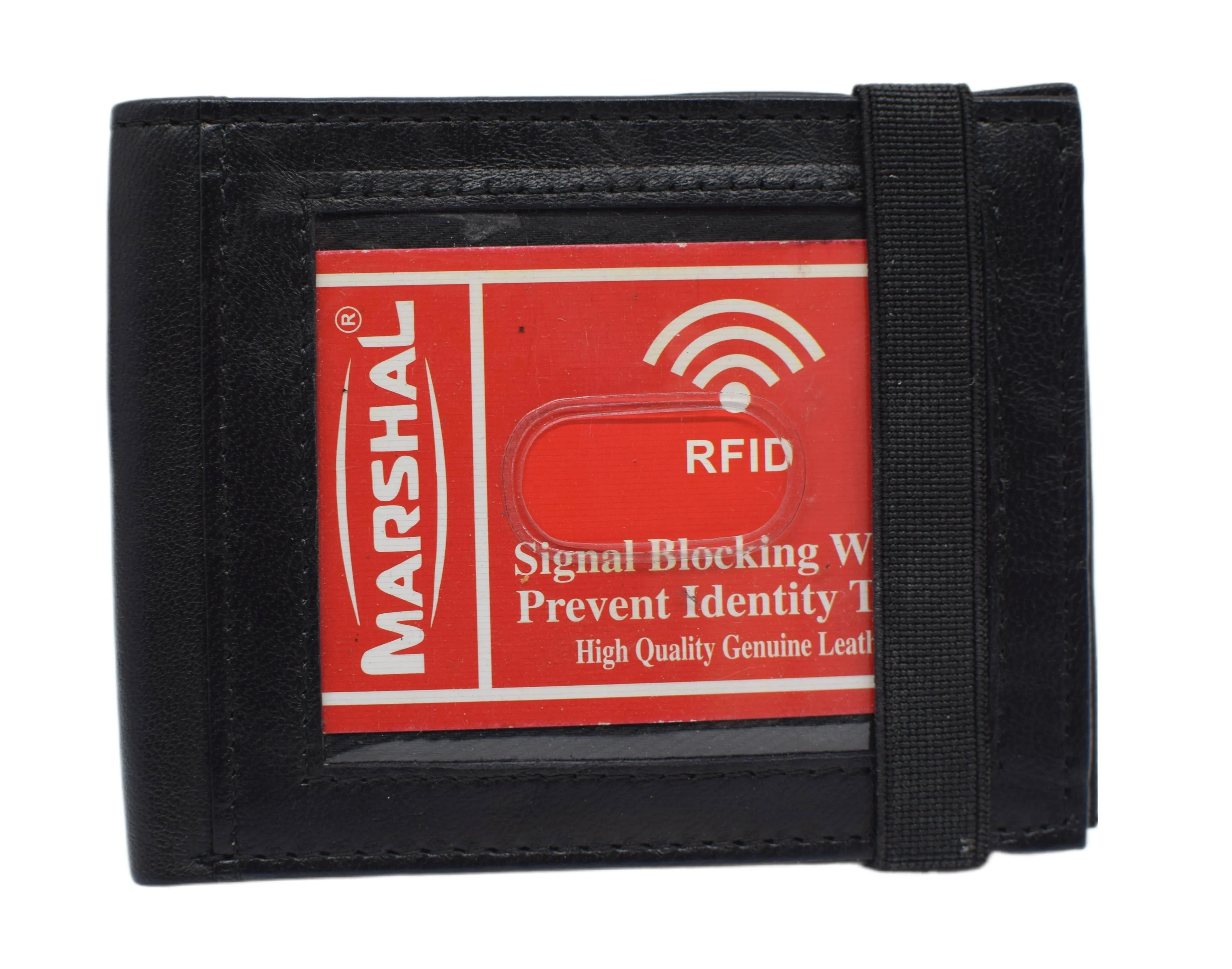 RFID49 Marshal Genuine Leather Slim Bifold Exterior ID Card Holder Wallet with Elastic Band Closure