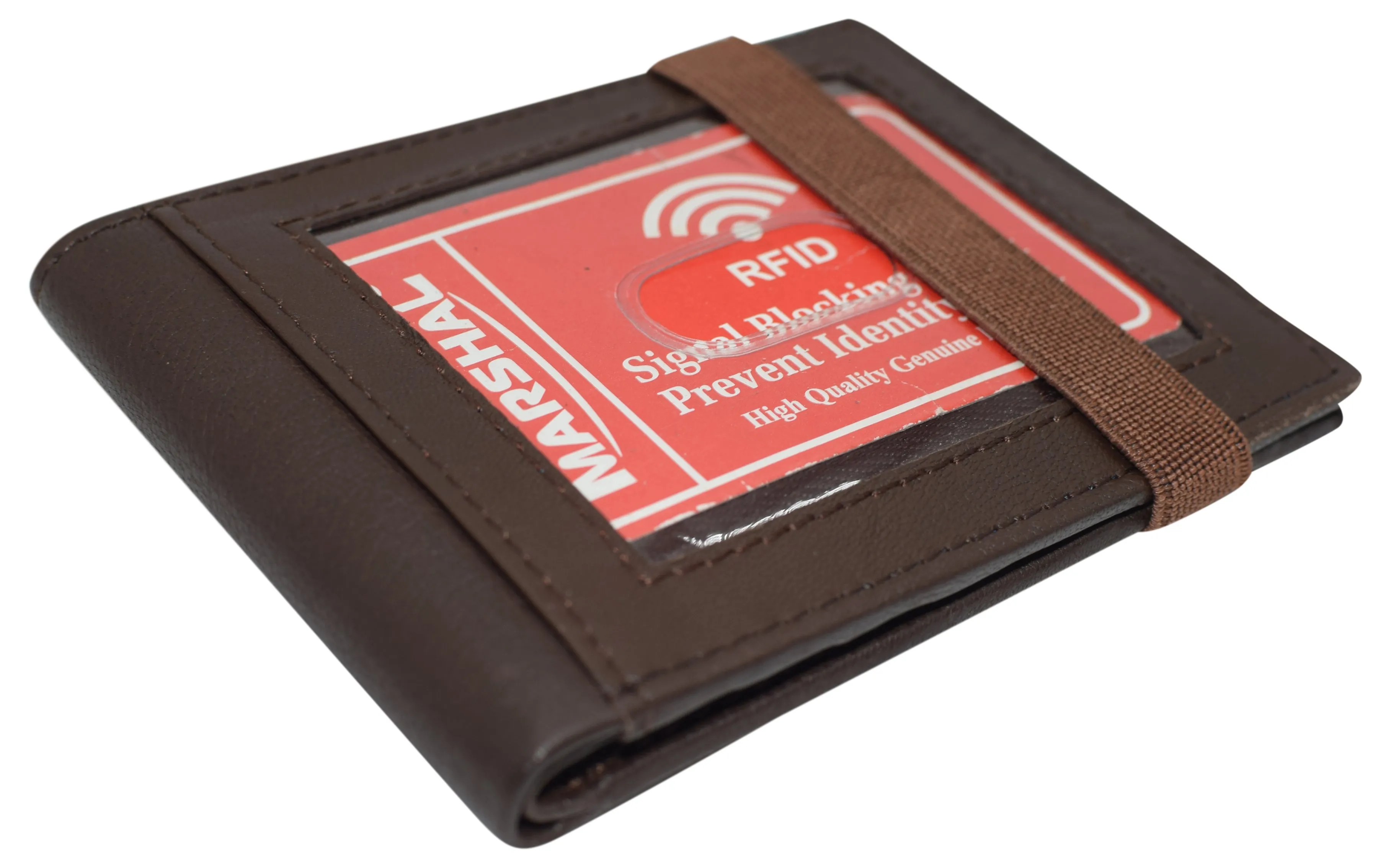 RFID49 Marshal Genuine Leather Slim Bifold Exterior ID Card Holder Wallet with Elastic Band Closure