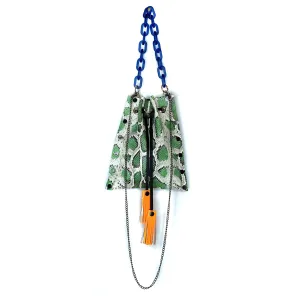 Seafoam Green Snakeprint leather Drawstring Crossbody Bag