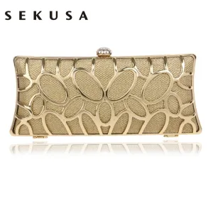 SEKUSA Clutch Female Diamonds Metal Hollow Out Style Women Evening Bags Alloy Mixed Color Chain Shoulder Purse Evening Bags