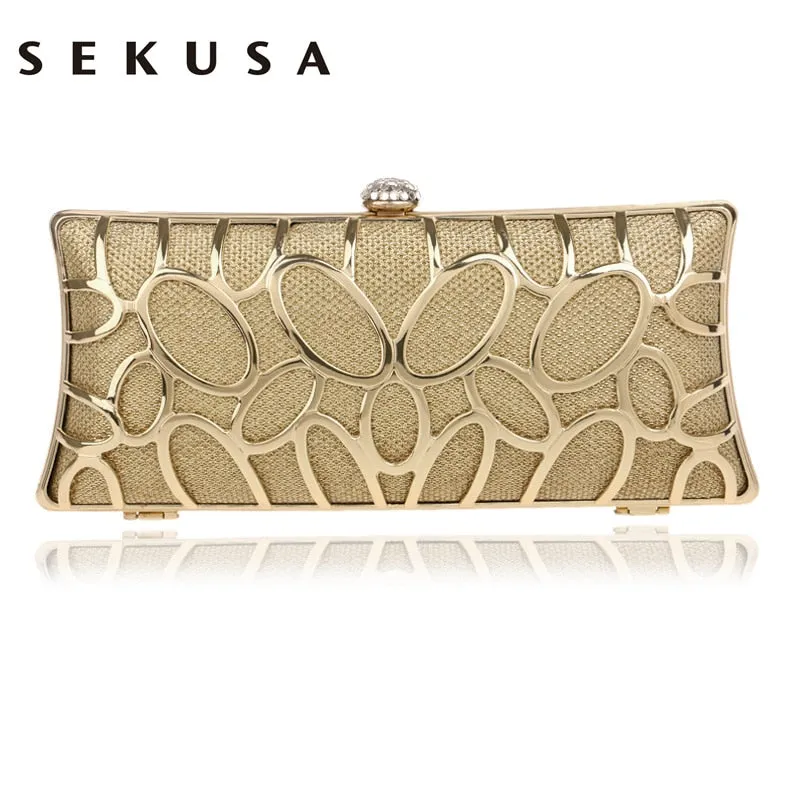 SEKUSA Clutch Female Diamonds Metal Hollow Out Style Women Evening Bags Alloy Mixed Color Chain Shoulder Purse Evening Bags