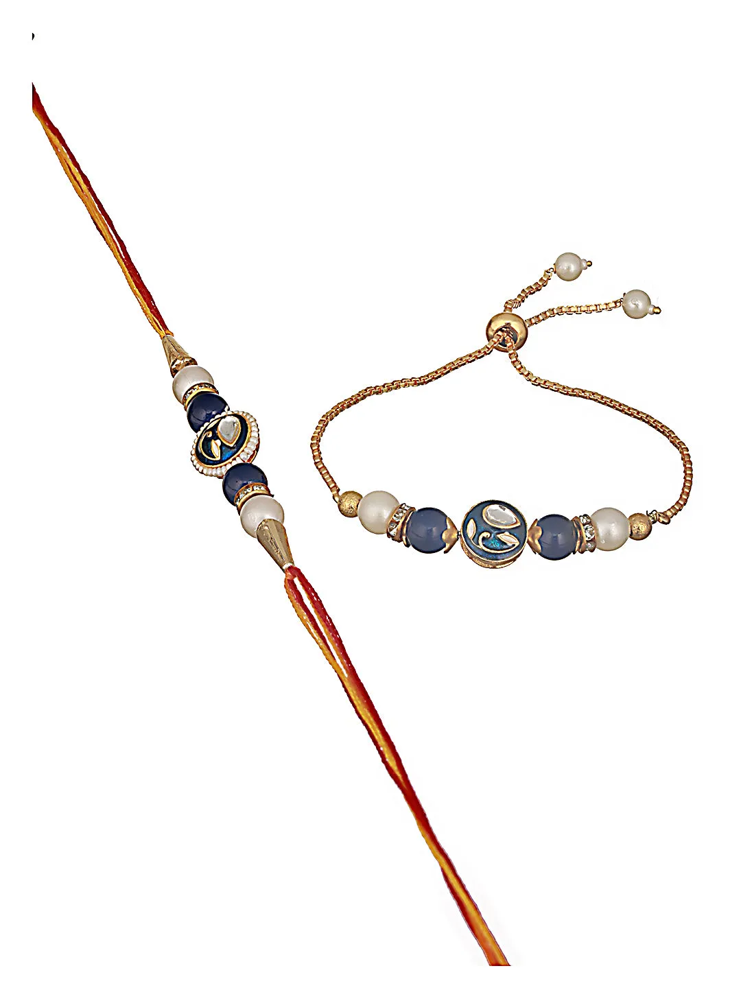 Set Of 2 Kundan Studded & Pearl Beaded Bhaiya Bhabhi Chain Rakhi With Roli & Chawal