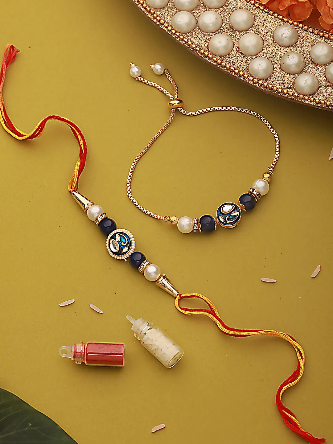Set Of 2 Kundan Studded & Pearl Beaded Bhaiya Bhabhi Chain Rakhi With Roli & Chawal