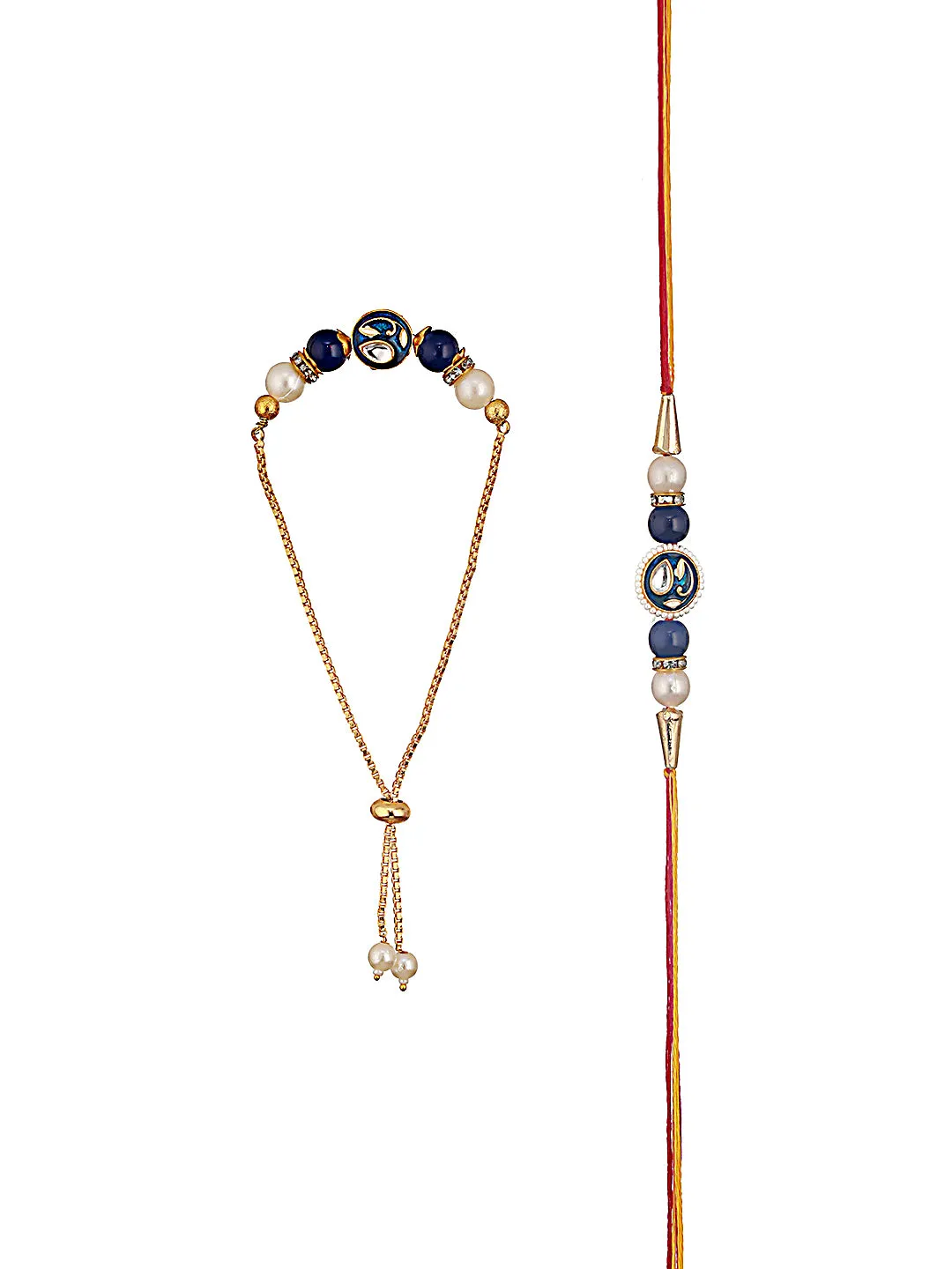 Set Of 2 Kundan Studded & Pearl Beaded Bhaiya Bhabhi Chain Rakhi With Roli & Chawal