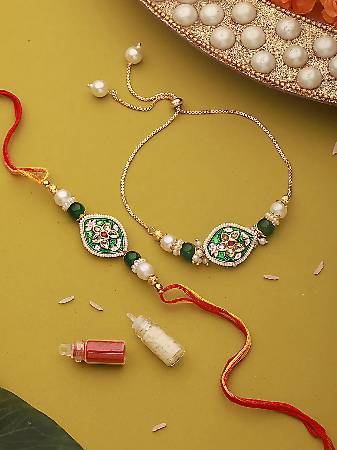 Set Of 2 Kundan Studded & Pearl Beaded Minakari Bhaiya Bhabhi Chain Rakhi With Roli & Chawal