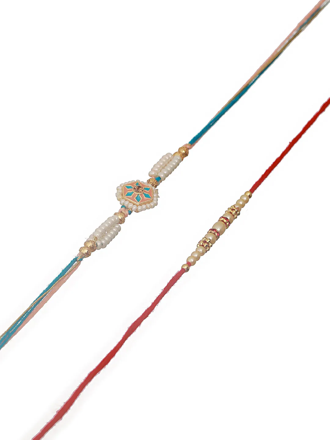 Set Of 2 White Faux Pearls Beaded & Enameled Thread Rakhi With Roli & Chawal
