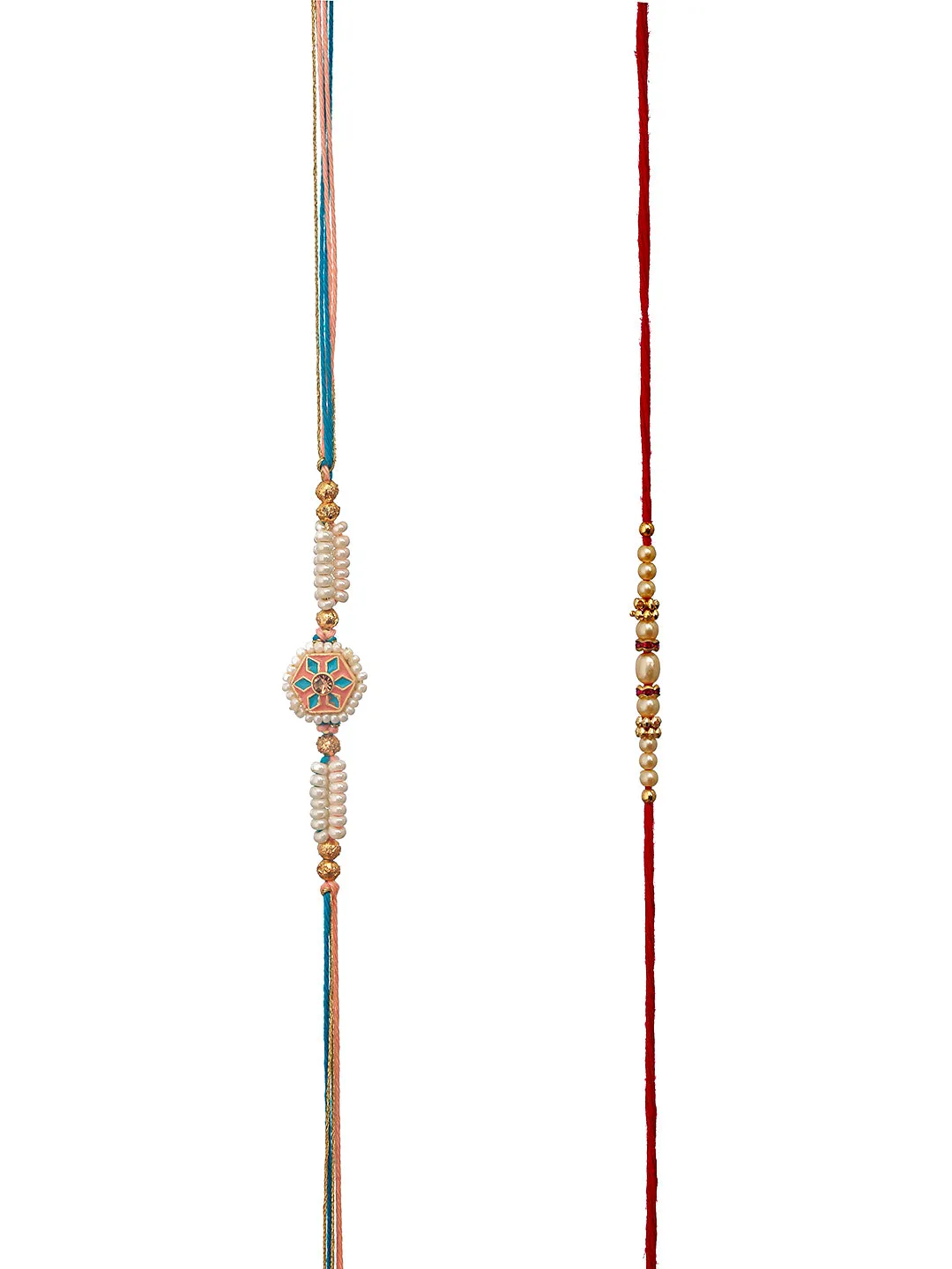 Set Of 2 White Faux Pearls Beaded & Enameled Thread Rakhi With Roli & Chawal