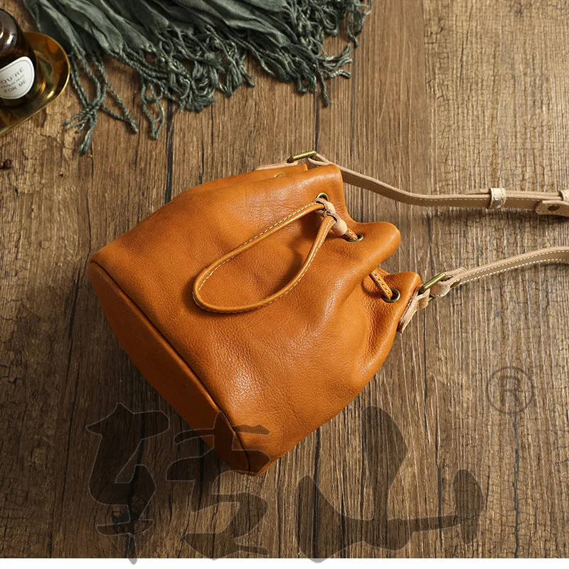Small Women Veg Tanned Drawstring Bucket Bags 1030