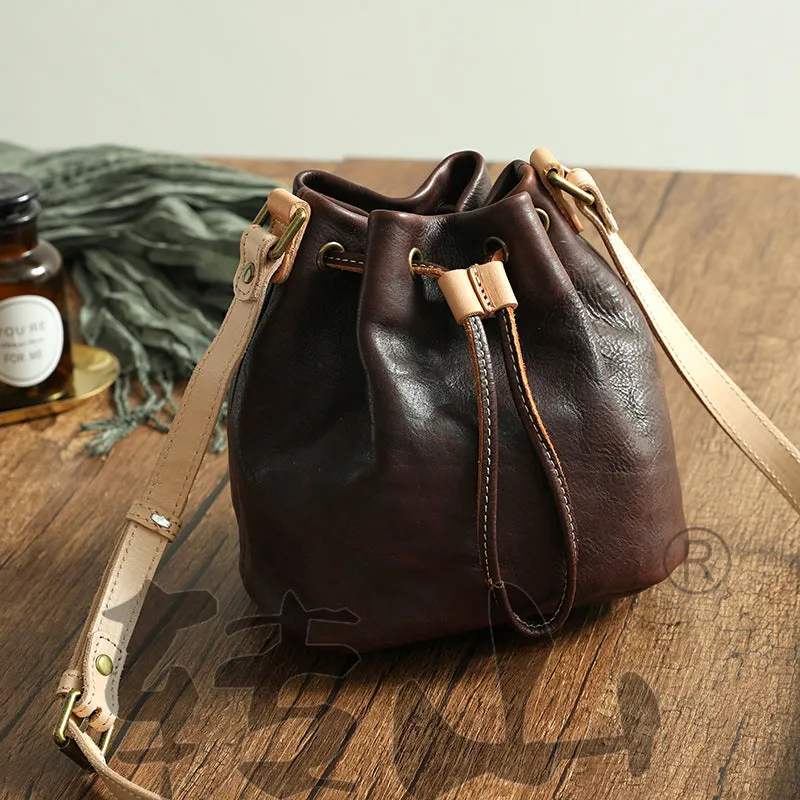 Small Women Veg Tanned Drawstring Bucket Bags 1030