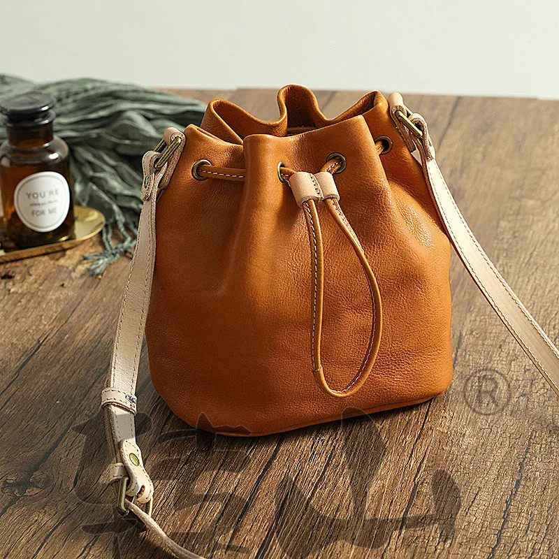 Small Women Veg Tanned Drawstring Bucket Bags 1030