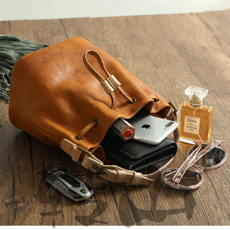 Small Women Veg Tanned Drawstring Bucket Bags 1030
