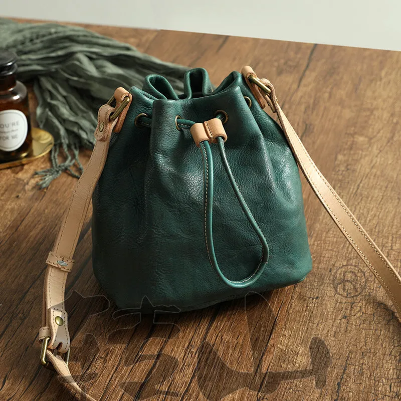 Small Women Veg Tanned Drawstring Bucket Bags 1030