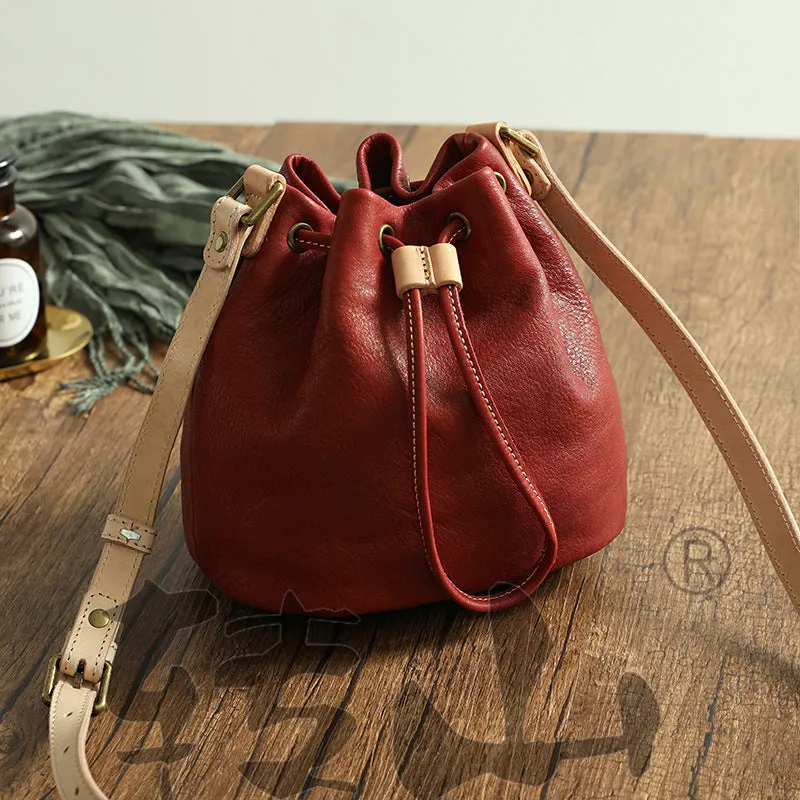 Small Women Veg Tanned Drawstring Bucket Bags 1030